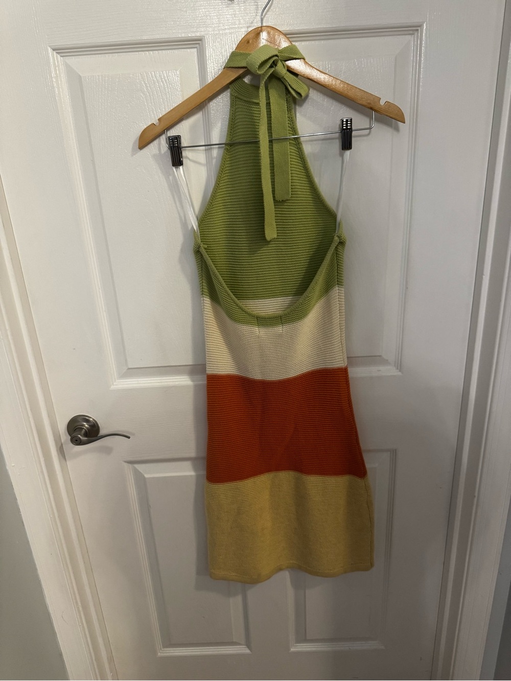 SABO Colorblock Strapless Halter Knit Dress in Green, Cream & Orange - Picture 3 of 7